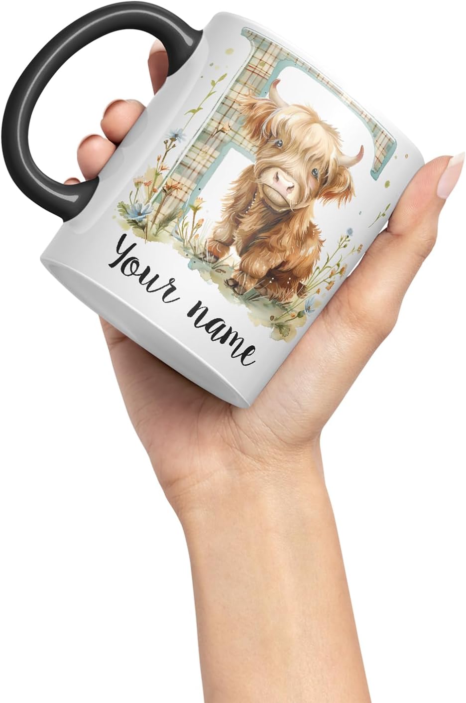 Vixar Personalised Highland Cow Initial Letter F Custom Name Mug – Coloured Ceramic Mug Cup Gift, 11oz (Black)