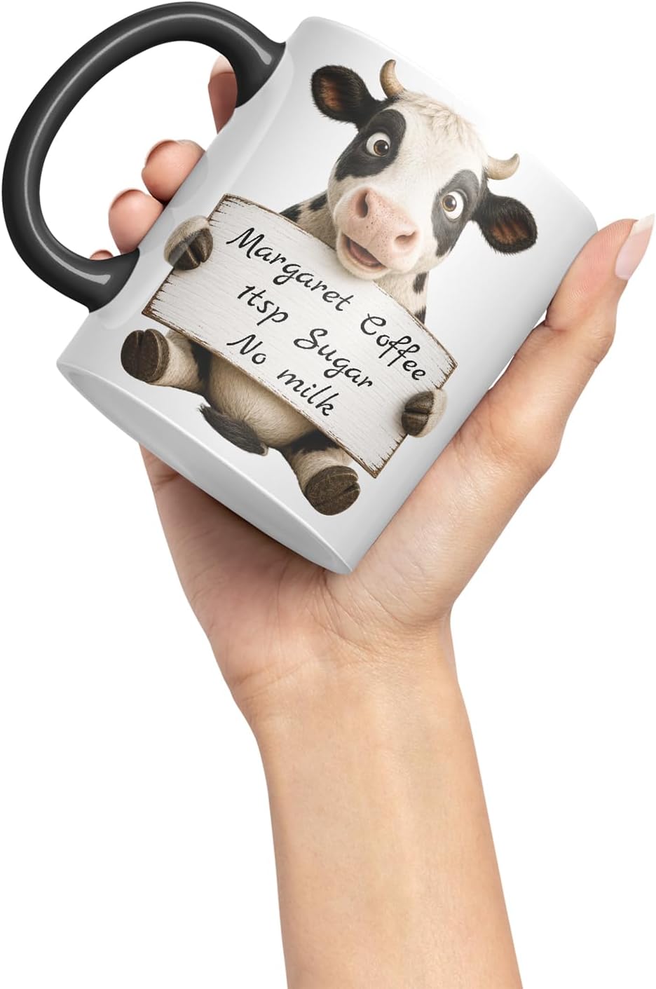 Vixar Personalised Cow Mug with Name or Custom Message – Cute Animal Coloured Ceramic Mug Cup Gift, 11oz (Black)