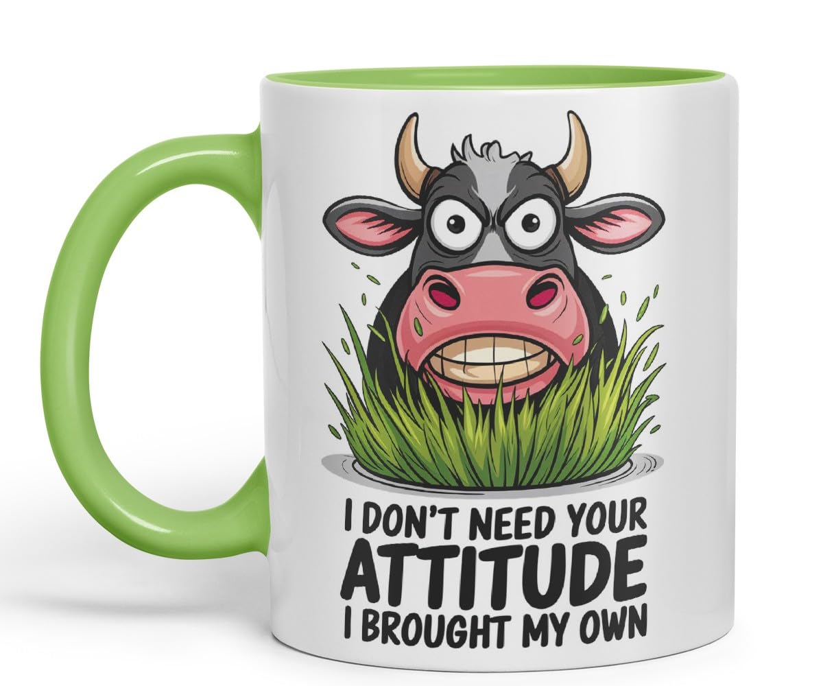 Vixar I Don’t Need Your Attitude I Brought My Own Cow Joke Coloured Ceramic Mug Cup Gift, 11oz (Black)