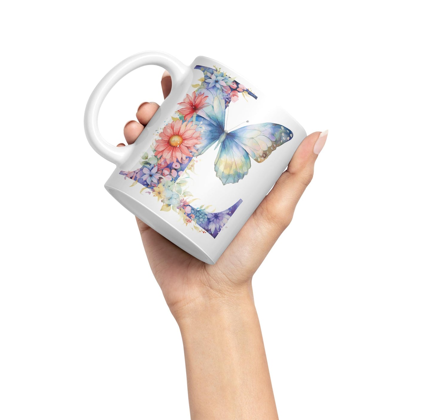 Letter L mug, Floral flowers butterfly Alphabet Letter L Monogram watercolour Ceramic Coloured Mug Cup for Tea Coffee Hot brew 330ml 11Oz Gift