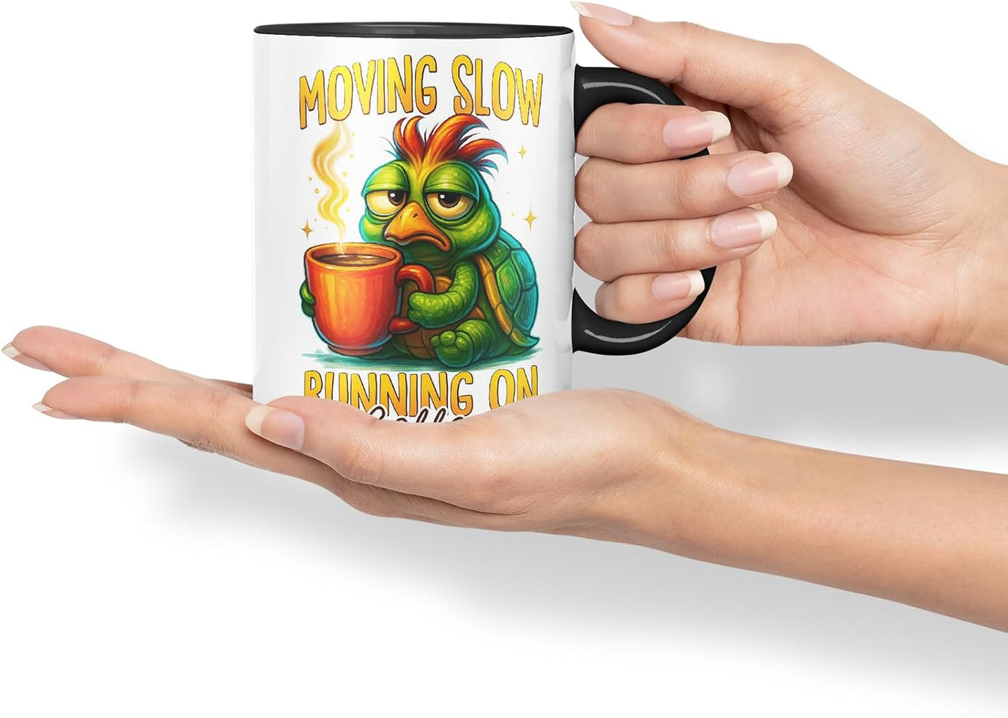Vixar Moving Slow Running On Coffee Funny Turtle Mug – Coloured Ceramic Mug Cup Gift, 11oz (Black)