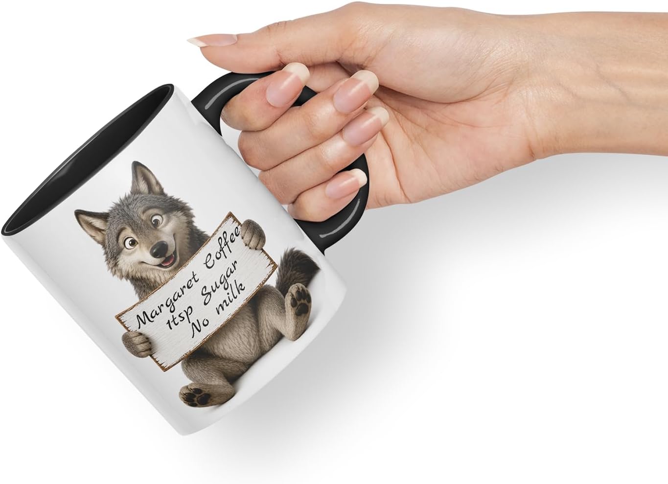 Vixar Personalised Wolf Mug with Name or Custom Message – Cute Animal Coloured Ceramic Mug Cup Gift, 11oz (Black)