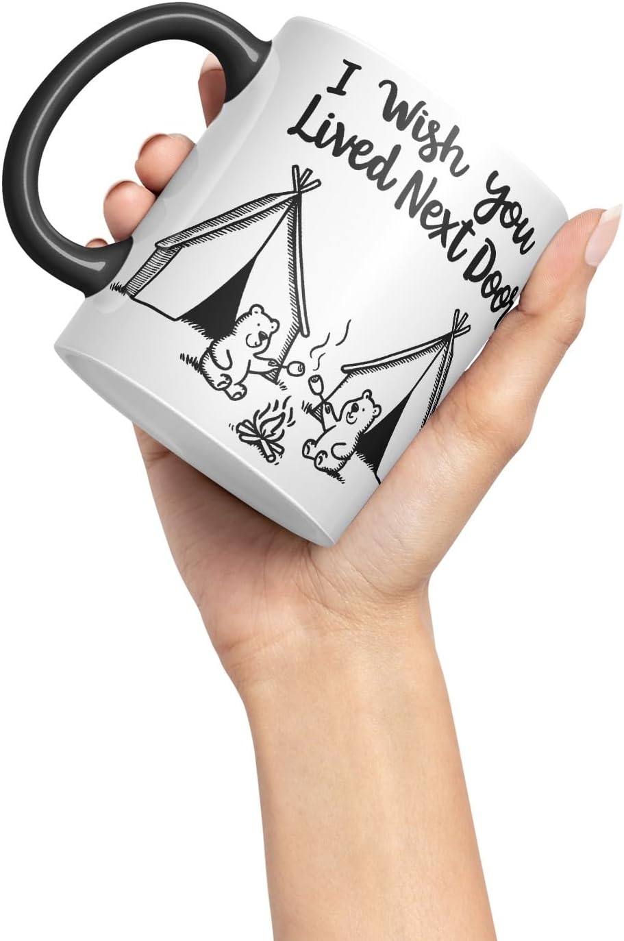 Vixar I Wish You Lived Next Door Bears Camping Coloured Mug Cup Friendship Long Distance Gift 11oz (Black)