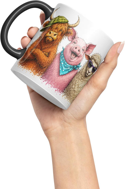 Vixar Funny Farm Animals Mug – Cute Farm Animal Coloured Ceramic Mug Cup Gift, 11oz (Black)