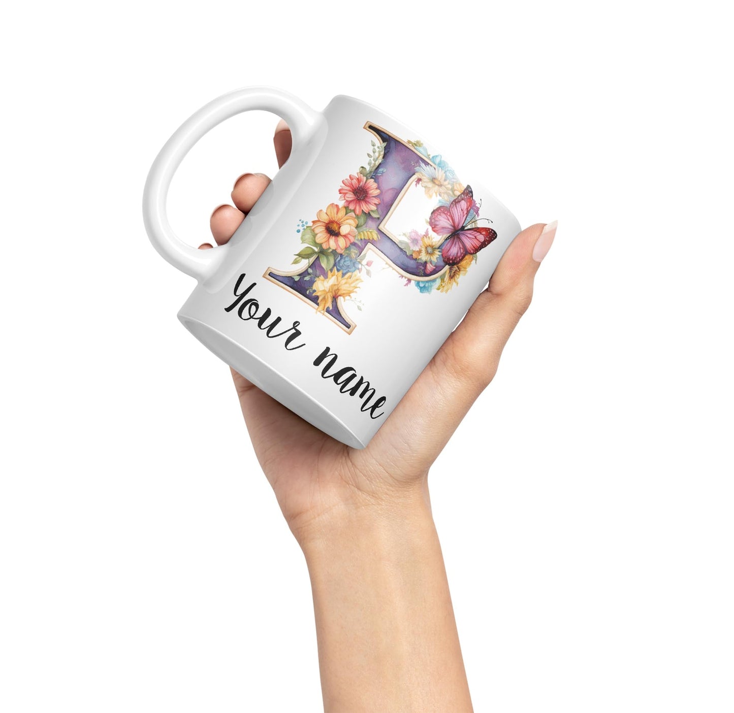 Personalised Letter P mug, Customized Custom Floral flowers butterfly Alphabet Letter P Monogram watercolour Ceramic Coloured Mug Cup for Tea Coffee Hot brew 330ml 11Oz Gift