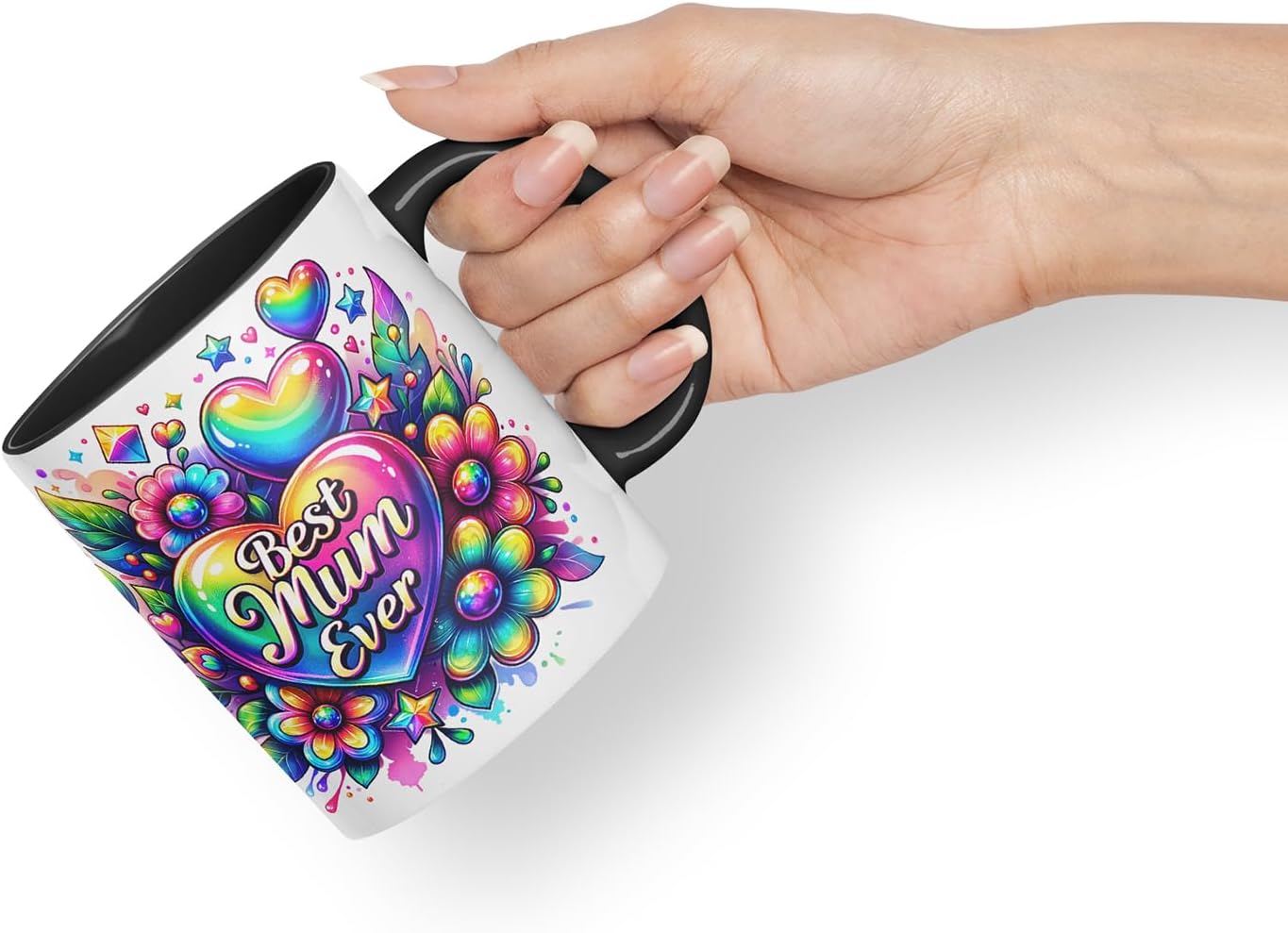 Vixar Best Mum Ever Rainbow Floral Mug – Coloured Ceramic Mug Cup Gift, 11oz (Black)