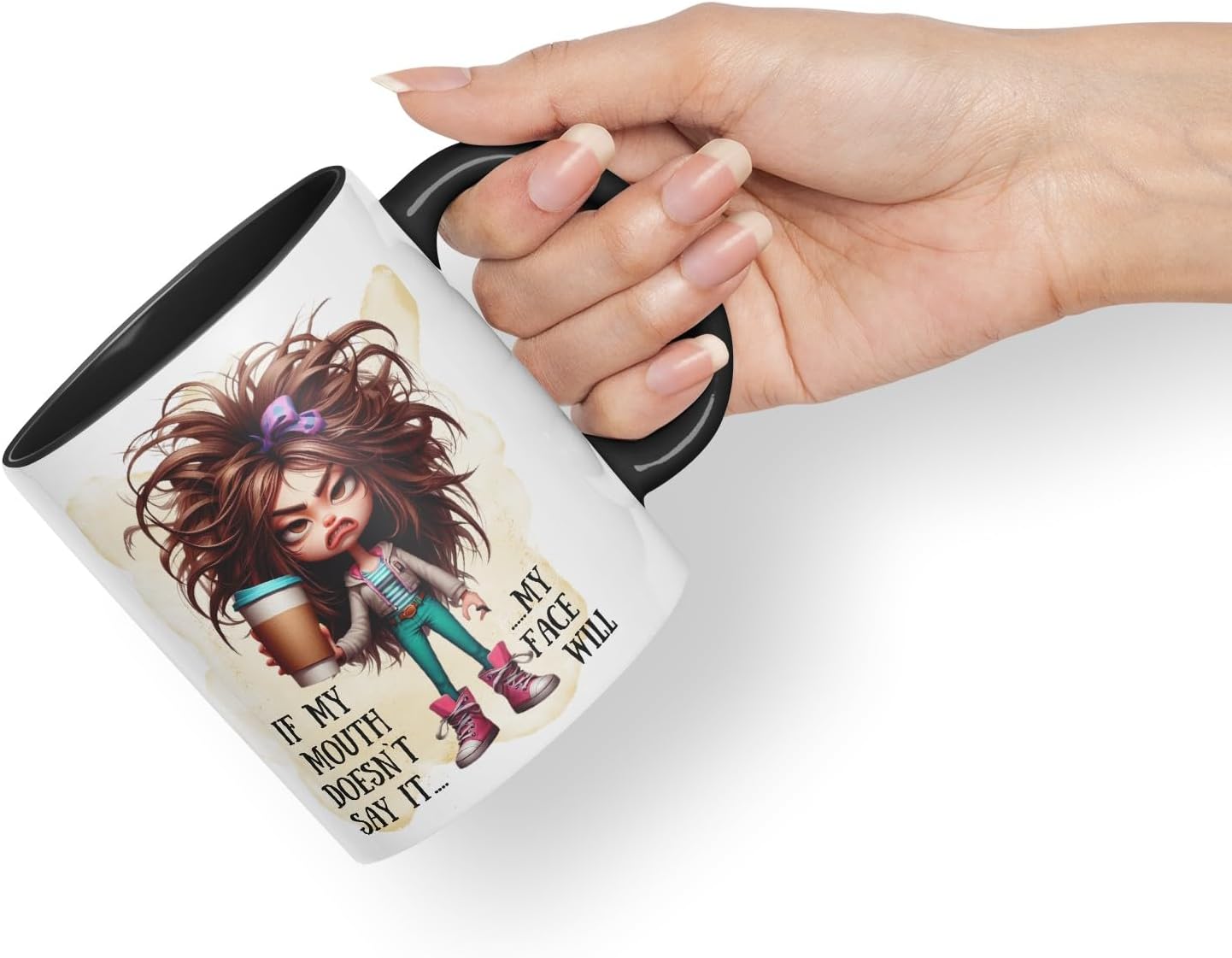 Grumpy Woman Funny Mug – If My Mouth Doesn’t Say It My Face Will – Coloured Ceramic Mug Cup Gift, 11oz (Black)