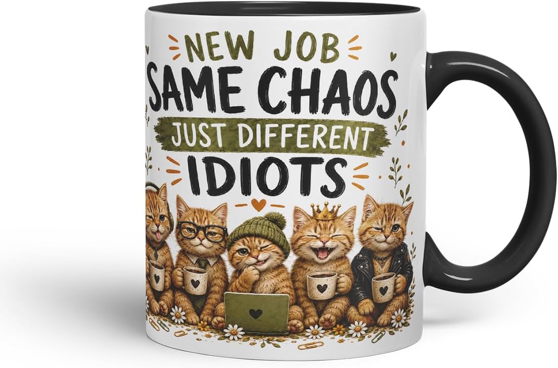 Vixar New Job, Same Chaos, Just Different Idiots Mug – Funny Coworker Leaving Colleague Goodbye Gift, 11oz (Black)