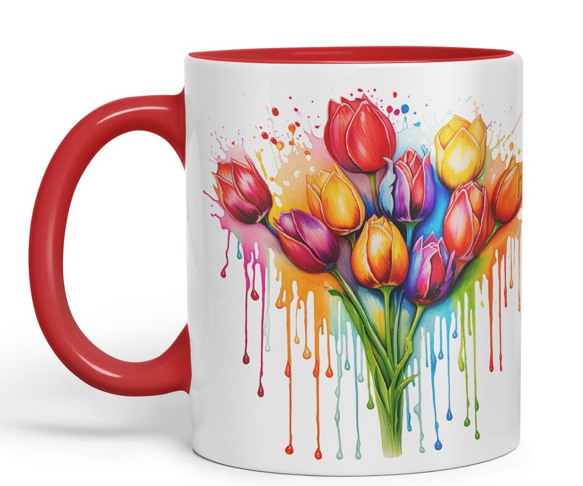Vixar Tulip Spring Garden Mug Coloured Ceramic Mug Cup Gift, 11oz (Light Green)