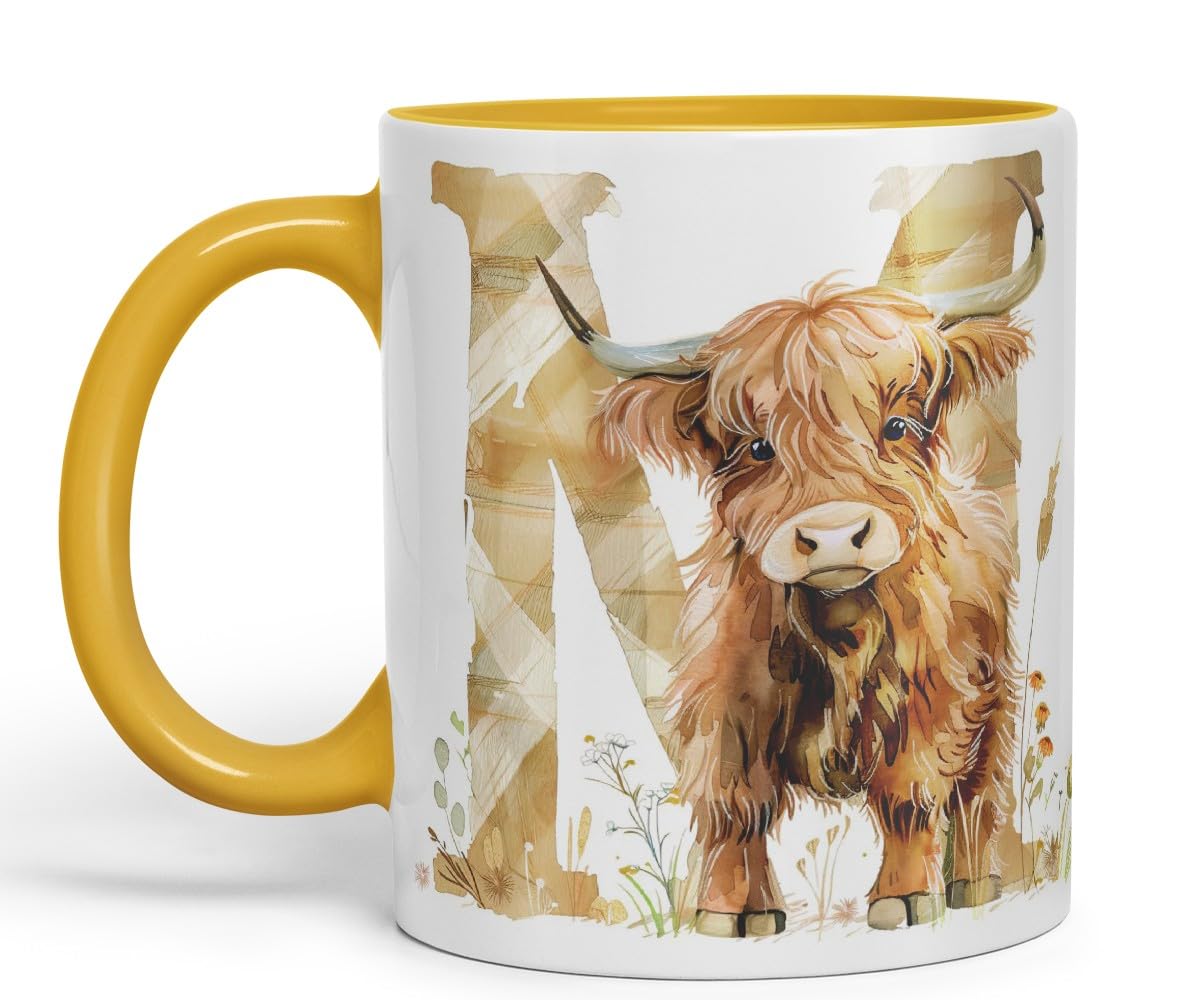 Vixar Highland Cow Alphabet Monogram Coloured Ceramic Cup Mug – Letter N – Rustic Farmhouse Animal Letter Gift – 11oz (Black)