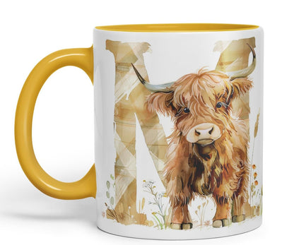 Vixar Highland Cow Alphabet Monogram Coloured Ceramic Cup Mug – Letter N – Rustic Farmhouse Animal Letter Gift – 11oz (Black)