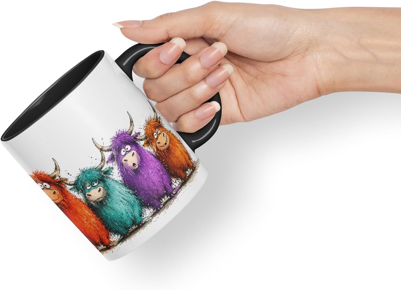 Vixar Funny Highland Cow Mug – Cute Scottish Cow Animal Coloured Ceramic Mug Cup Gift, 11oz (Black)