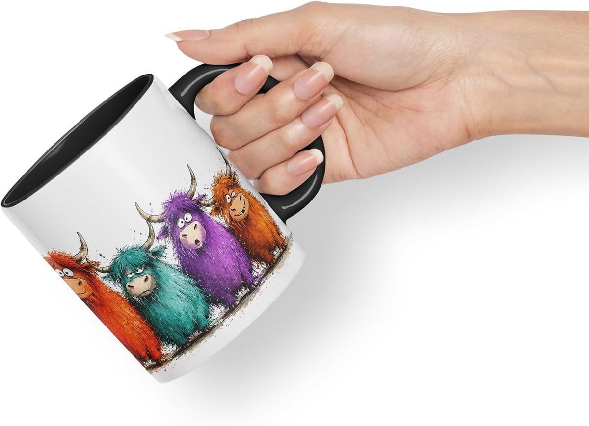 Vixar Funny Highland Cow Mug – Cute Scottish Cow Animal Coloured Ceramic Mug Cup Gift, 11oz (Black)