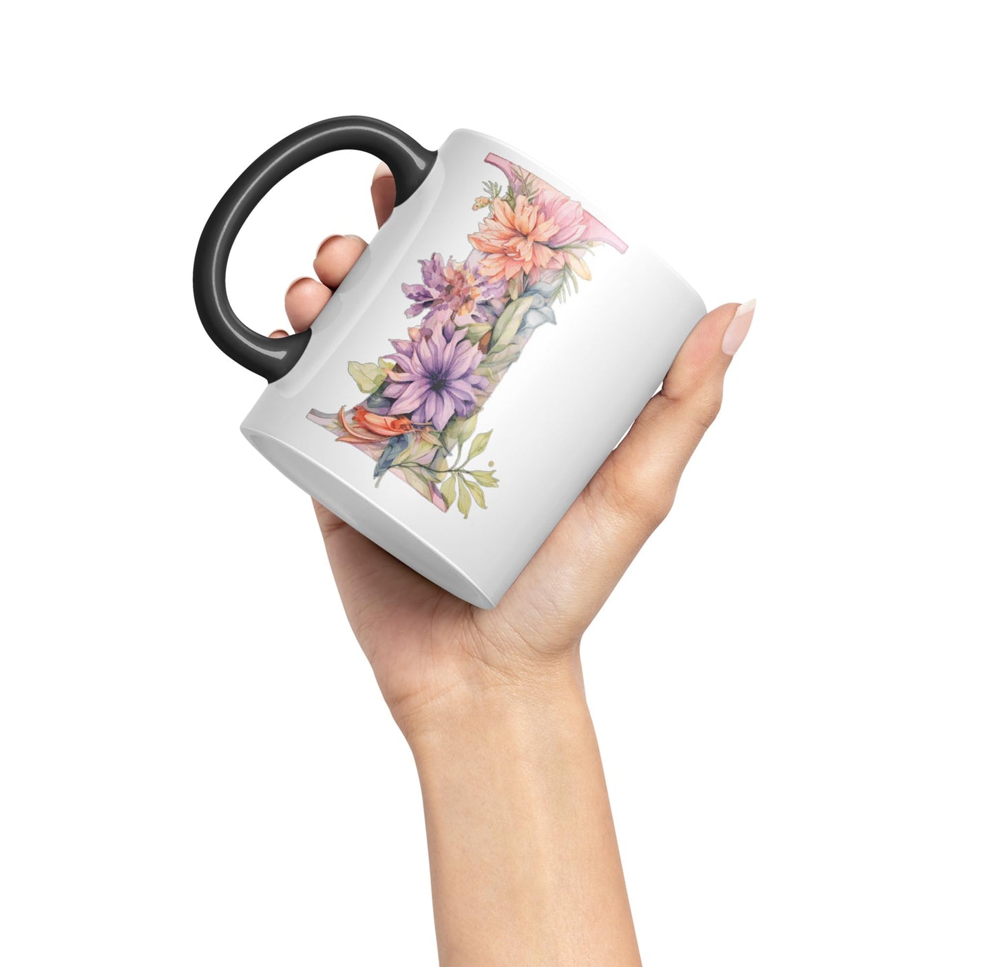 Letter I mug, Floral flowers butterfly Alphabet Letter I Monogram watercolour Ceramic Coloured Mug Cup for Tea Coffee Hot brew 330ml 11Oz Gift