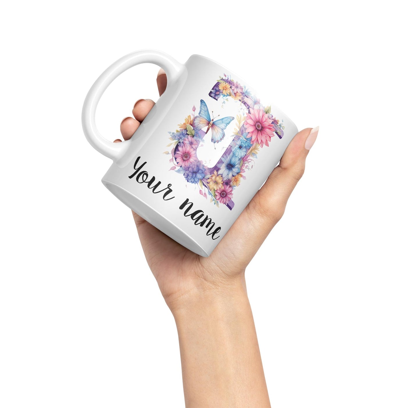 Personalised Letter J mug, Customized Custom Floral flowers butterfly Alphabet Letter J Monogram watercolour Ceramic Coloured Mug Cup for Tea Coffee Hot brew 330ml 11Oz Gift