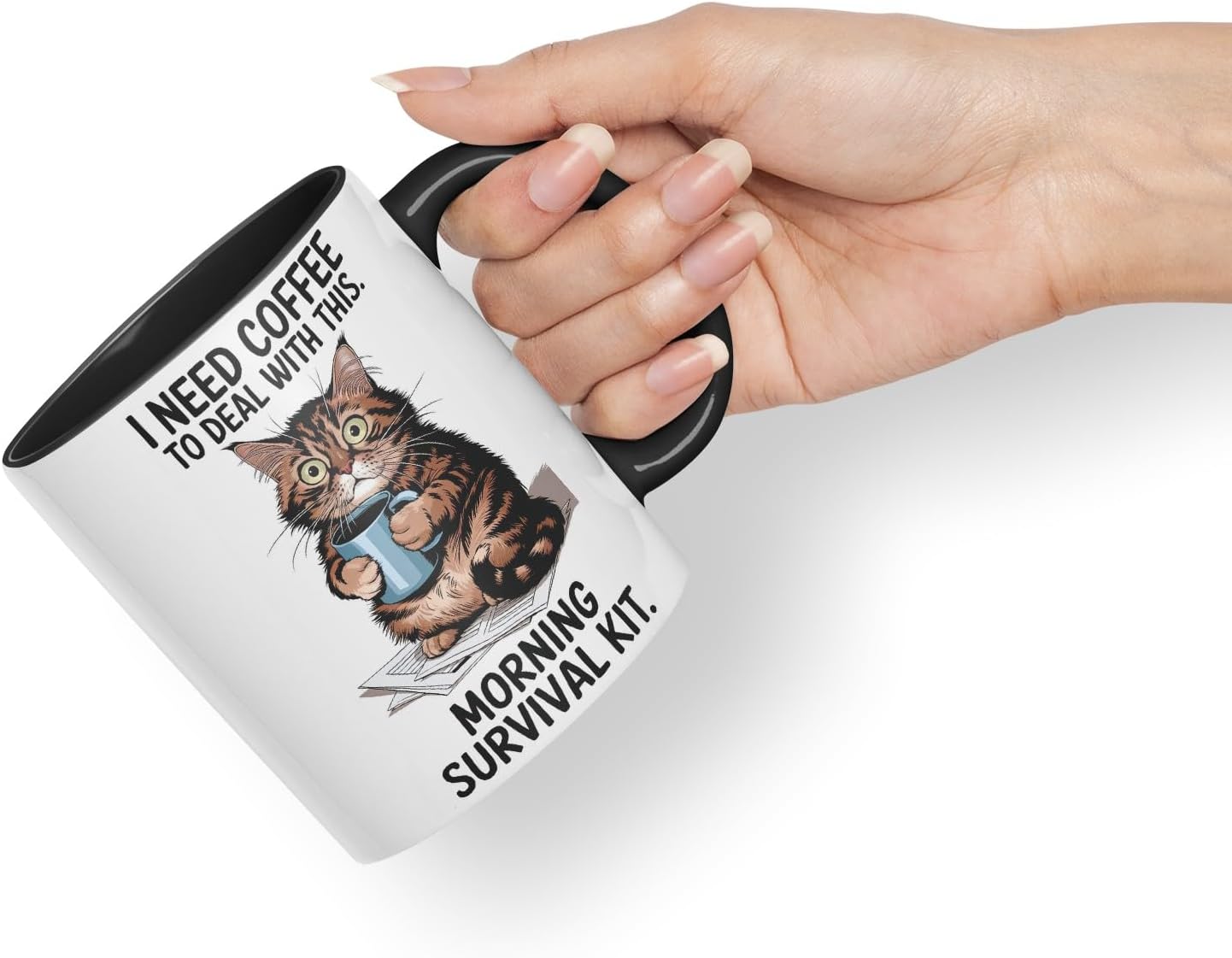 Vixar I Need Coffee to Deal with This Morning Survival Kit Cat Mug – Coloured Ceramic Mug Cup Gift, 11oz (Black)