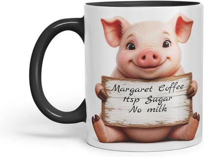 Vixar Personalised Pig Mug with Name or Custom Message – Cute Animal Coloured Ceramic Mug Cup Gift, 11oz (Black)