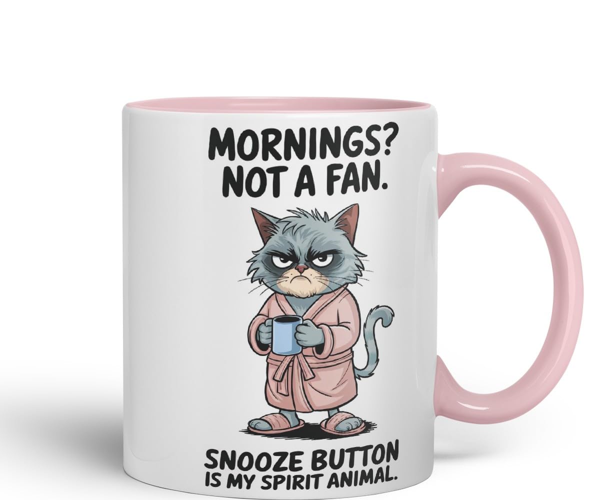 Vixar Mornings Not A Fan Snooze Button Cat Mug – Coloured Ceramic Mug Cup Gift, 11oz (Black)