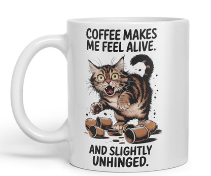 Vixar Coffee Makes Me Feel Alive and Slightly Unhinged Cat Mug – Coloured Ceramic Mug Cup Gift, 11oz (Black)