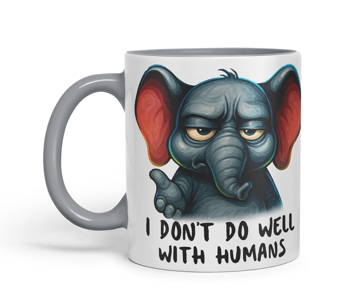 Vixar I Don't Do Well with Humans Funny Elephant Mug – Coloured Ceramic Mug Cup Gift, 11oz (Black)