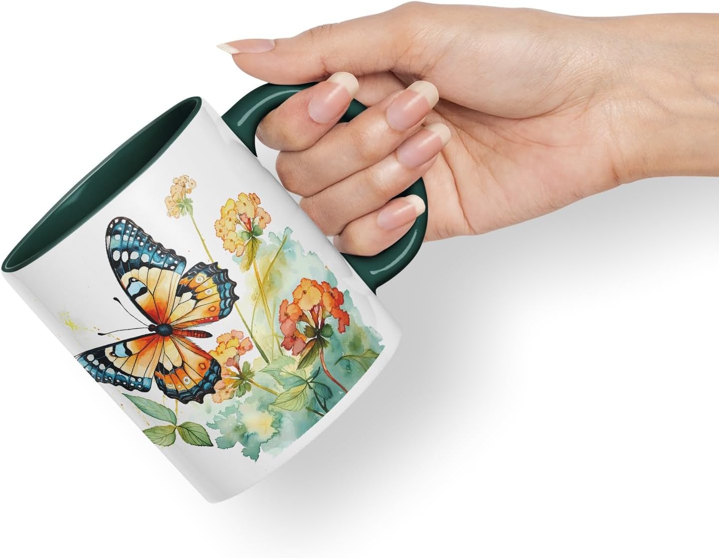 Vixar Ceramic Mug “Butterfly with Flowers” – Coloured Coffee & Tea Mug Cup 11oz 330ml (Dark Green)