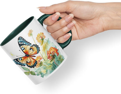 Vixar Ceramic Mug “Butterfly with Flowers” – Coloured Coffee & Tea Mug Cup 11oz 330ml (Dark Green)