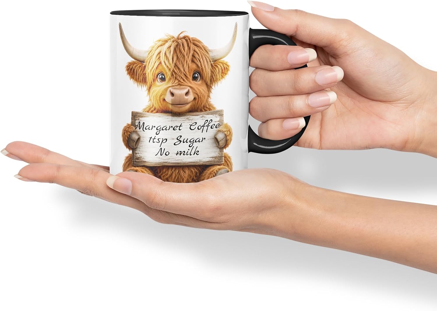 Vixar Personalised Highland Cow Mug with Name or Custom Message – Cute Animal Coloured Ceramic Mug Cup Gift, 11oz (Black)