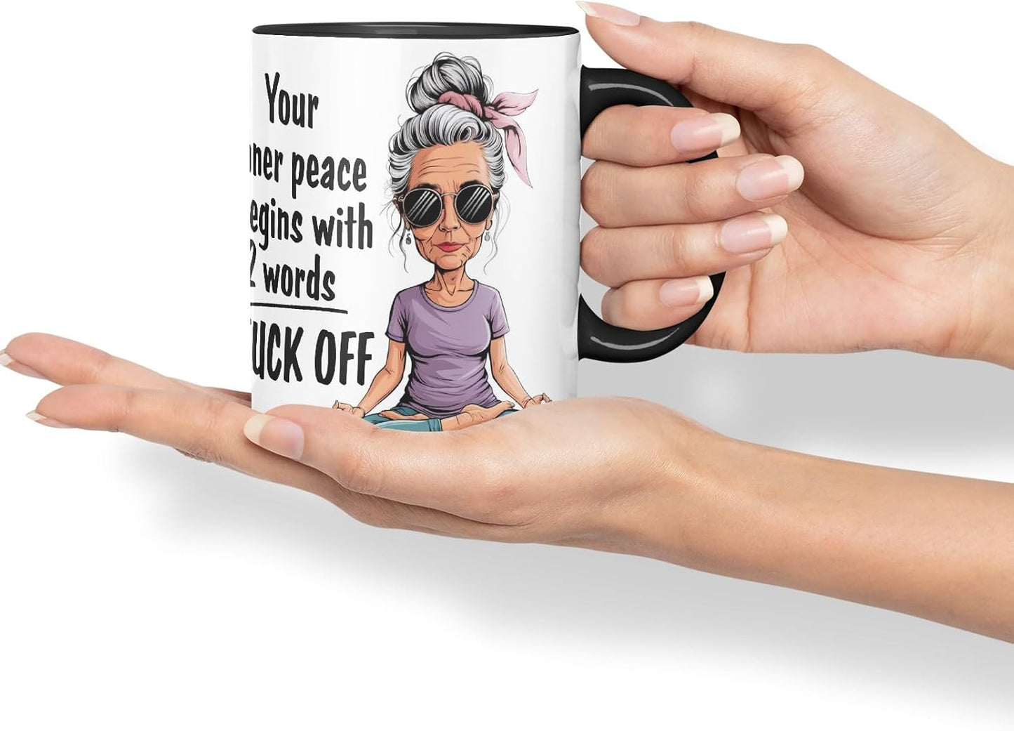 Vixar Your Inner Peace Begins with 2 Words – F*ck Off – Coloured Ceramic Mug Cup Gift, 11oz (Black)