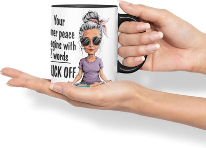 Vixar Your Inner Peace Begins with 2 Words – F*ck Off – Coloured Ceramic Mug Cup Gift, 11oz (Black)