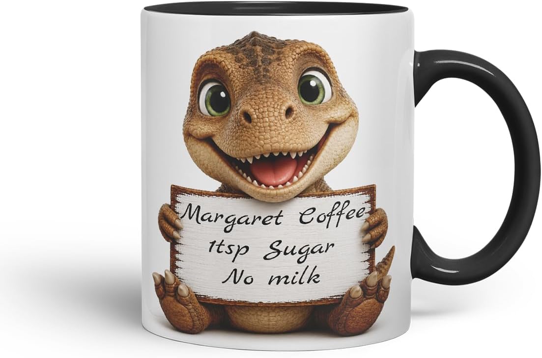 Vixar Personalised T Rex Dinosaur Mug with Name or Custom Message – Cute Animal Coloured Ceramic Mug Cup Gift, 11oz (Black)