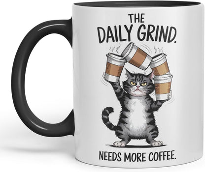 Vixar The Daily Grind Needs More Coffee Cat Mug – Coloured Ceramic Mug Cup Gift, 11oz (Black)