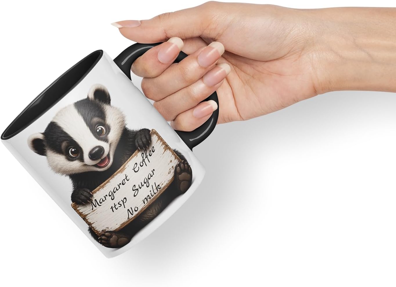 Vixar Personalised Badger Mug with Name or Custom Message – Cute Animal Coloured Ceramic Mug Cup Gift, 11oz (Black)