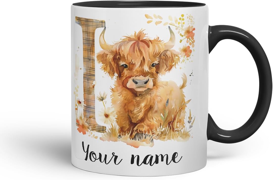 Vixar Personalised Highland Cow Initial Letter I Custom Name Mug – Coloured Ceramic Mug Cup Gift, 11oz (Black)