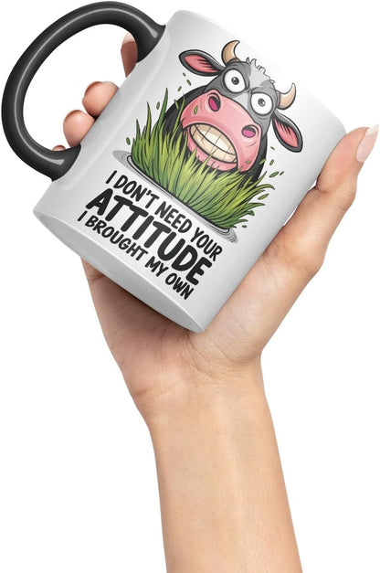 Vixar I Don’t Need Your Attitude I Brought My Own Cow Joke Coloured Ceramic Mug Cup Gift, 11oz (Black)