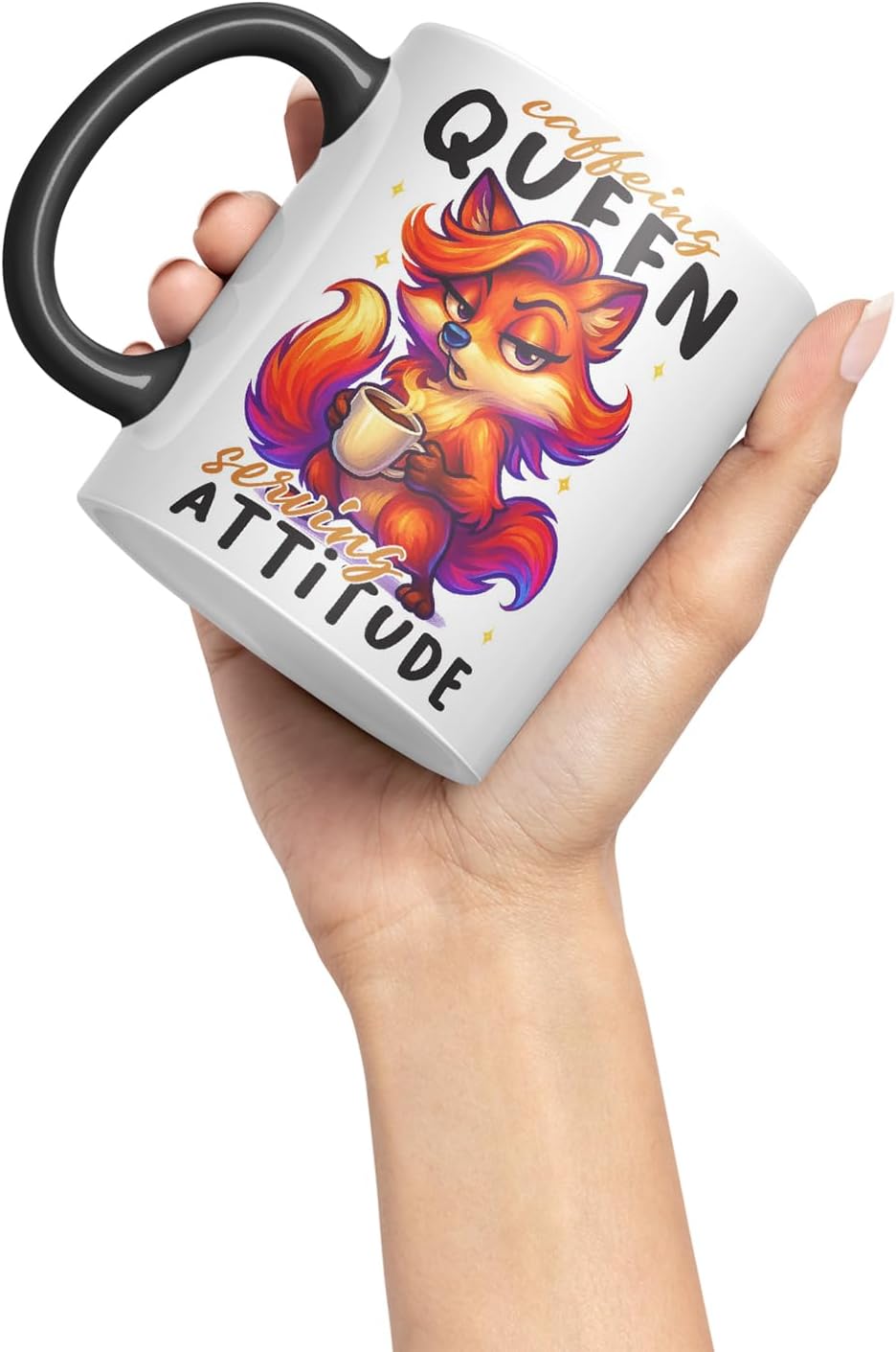 Vixar Caffeine Queen Serving Attitude Funny Fox Mug – Coloured Ceramic Mug Cup Gift, 11oz (Black)