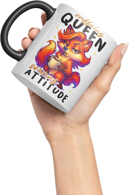 Vixar Caffeine Queen Serving Attitude Funny Fox Mug – Coloured Ceramic Mug Cup Gift, 11oz (Black)