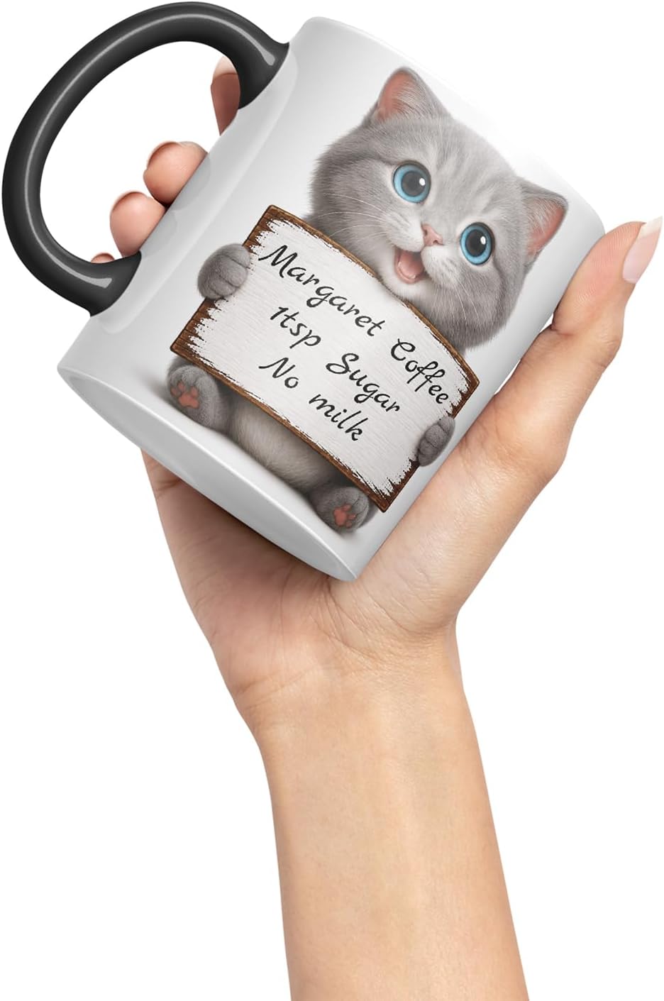 Vixar Personalised Grey Cat Mug with Name or Custom Message – Cute Animal Coloured Ceramic Mug Cup Gift, 11oz (Black)