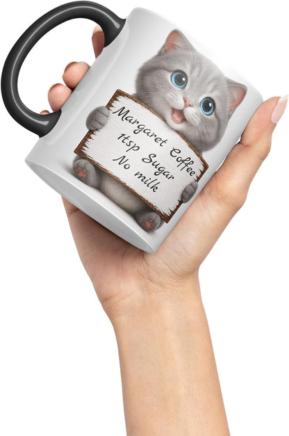 Vixar Personalised Grey Cat Mug with Name or Custom Message – Cute Animal Coloured Ceramic Mug Cup Gift, 11oz (Black)
