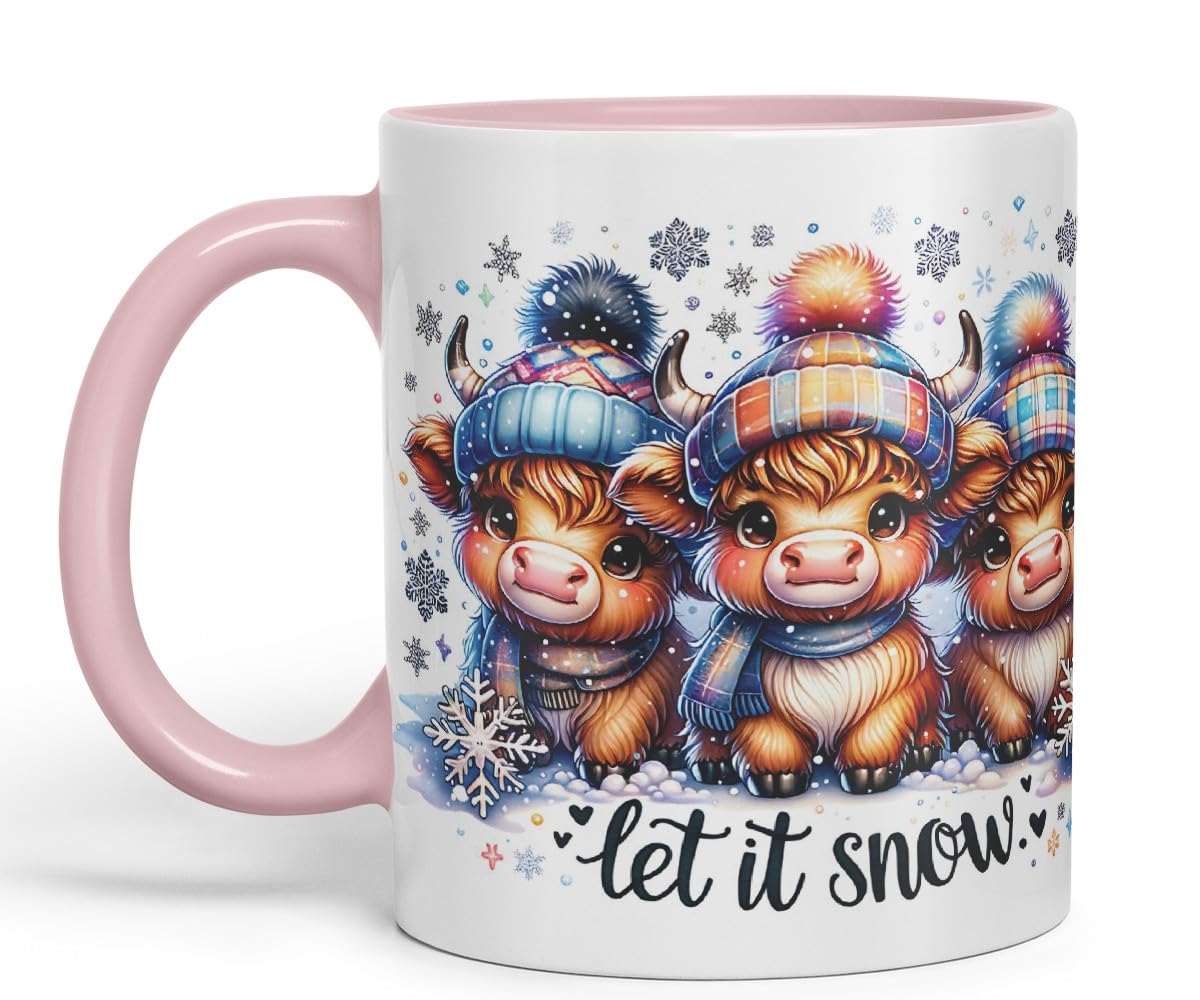 Vixar Let It Snow Cute Highland Cow Coloured Mug Cup Winter Christmas Animal Gift 11oz (Black)