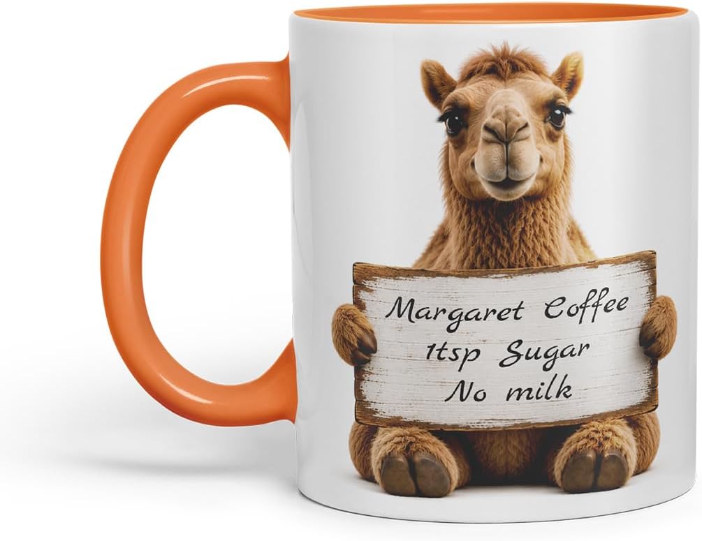 Vixar Personalised Camel Mug with Name or Custom Message – Cute Animal Coloured Ceramic Mug Cup Gift, 11oz (Orange)