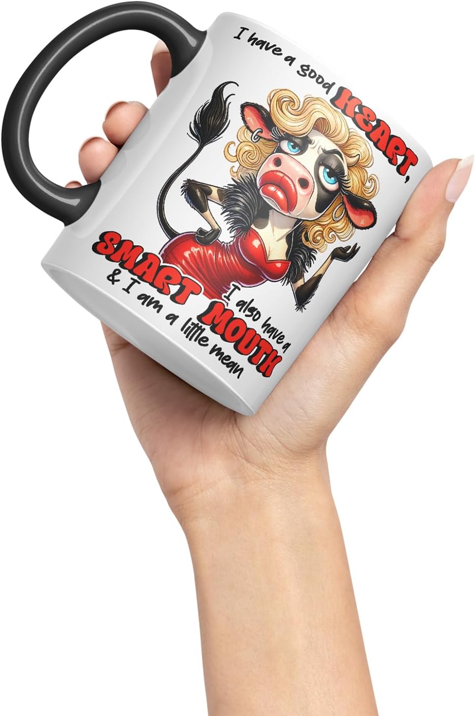 Vixar I Have a Good Heart But This Mouth Funny Cow – Coloured Ceramic Mug Cup Gift, 11oz (Black)