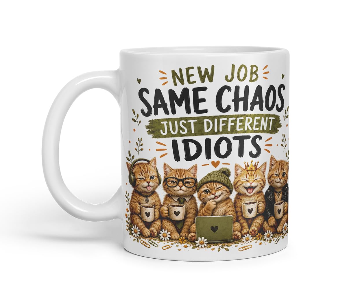 Vixar New Job, Same Chaos, Just Different Idiots Mug – Funny Coworker Leaving Colleague Goodbye Gift, 11oz (Black)