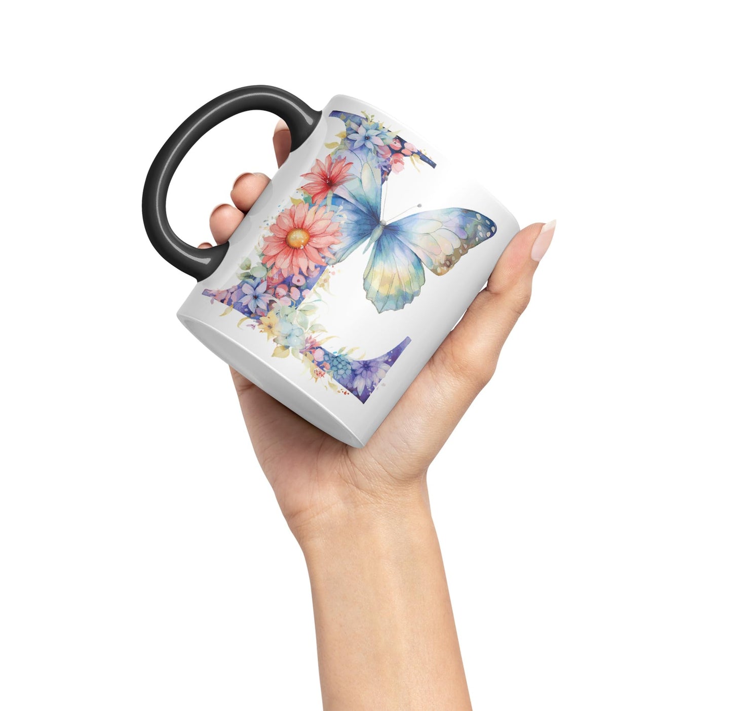 Letter L mug, Floral flowers butterfly Alphabet Letter L Monogram watercolour Ceramic Coloured Mug Cup for Tea Coffee Hot brew 330ml 11Oz Gift