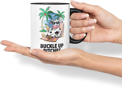 Vixar Buckle Up Bit... It’s Vacay Time Cow Coloured Ceramic Mug Cup Gift, 11oz (Black)