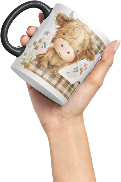 Vixar Highland Cow Alphabet Monogram Coloured Ceramic Cup Mug – Letter Z – Rustic Farmhouse Animal Letter Gift – 11oz (Black)