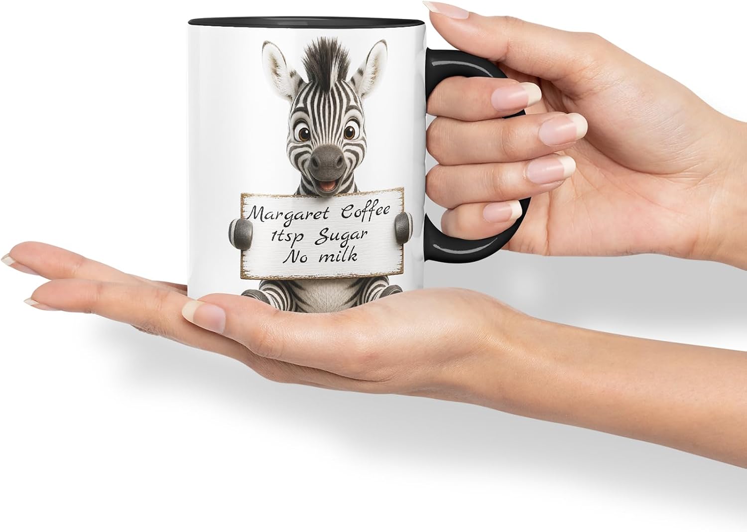 Vixar Personalised Zebra Mug with Name or Custom Message – Cute Animal Coloured Ceramic Mug Cup Gift, 11oz (Black)