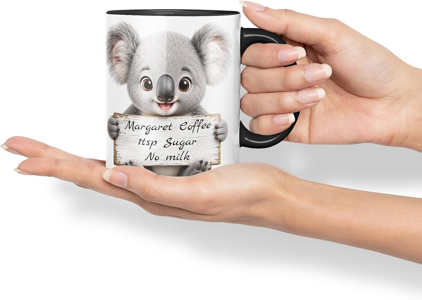 Vixar Personalised Koala Mug with Name or Custom Message – Cute Animal Coloured Ceramic Mug Cup Gift, 11oz (Black)