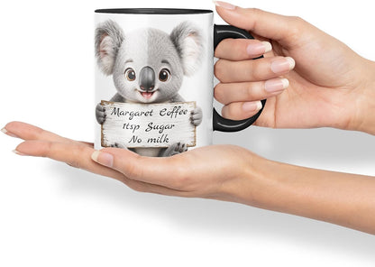 Vixar Personalised Koala Mug with Name or Custom Message – Cute Animal Coloured Ceramic Mug Cup Gift, 11oz (Black)