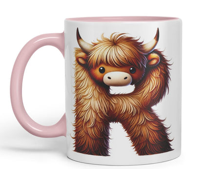Highland Cow Alphabet Monogram Coloured Ceramic Cup Mug Letter R Rustic Farmhouse Animal Letter Gift V2 11oz (Black)