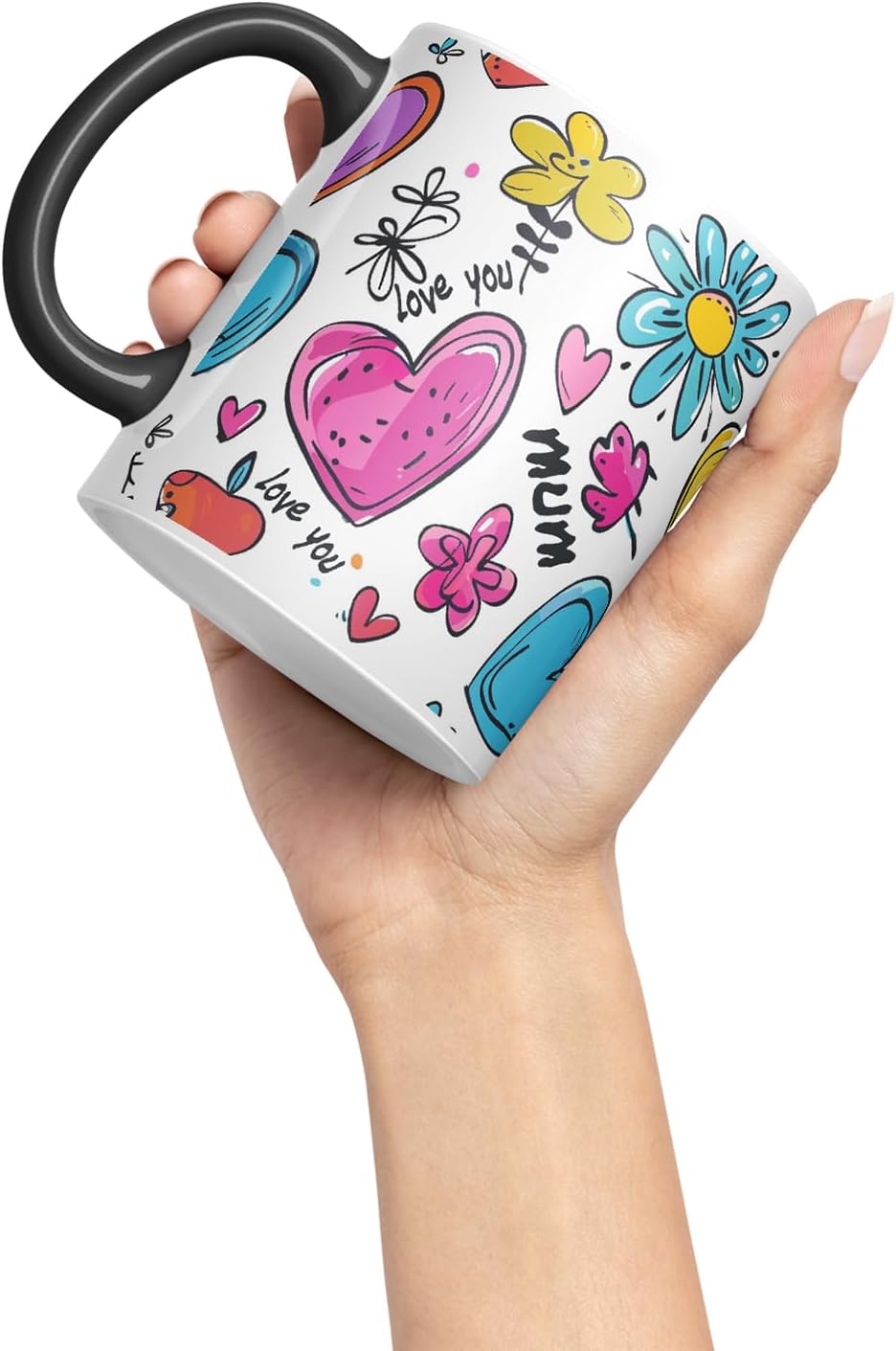 Vixar Mum Love You Colourful Hearts Pattern Mug – Coloured Ceramic Mug Cup Gift, 11oz (Black)
